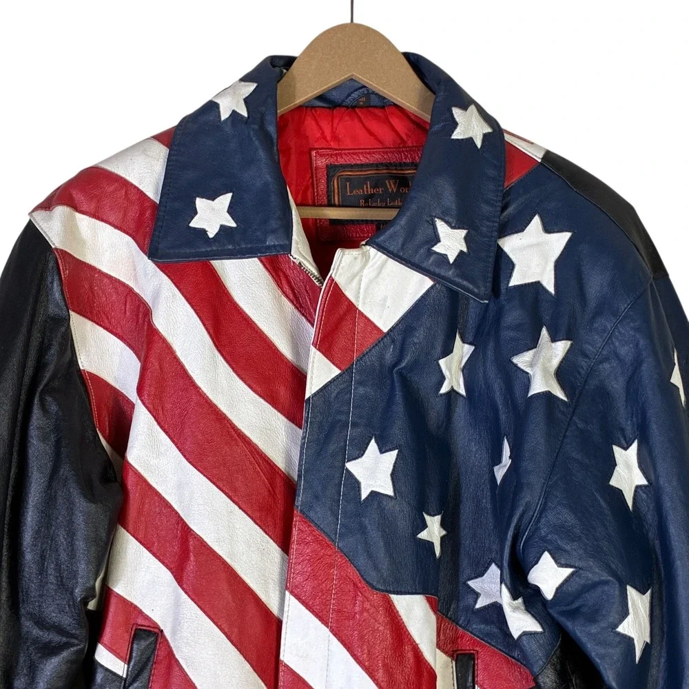 Vintage Leather Works by Lucky Leather American Flag Bomber Jacket Mens XL